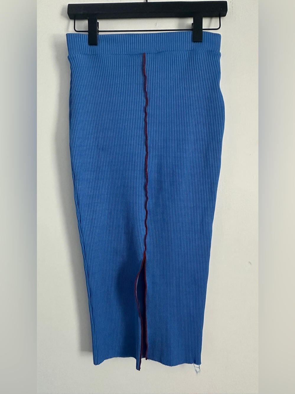 Zara Blue Ribbed Midi Skirt with Center Split